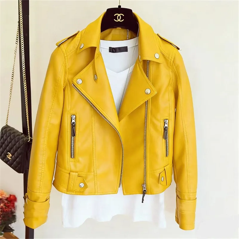 Spring Autumn Slim Lapel Leather Jacket Women Short Pu Leather Jacket Korean Ladies Locomotive Clothing Female Outerwear Tops