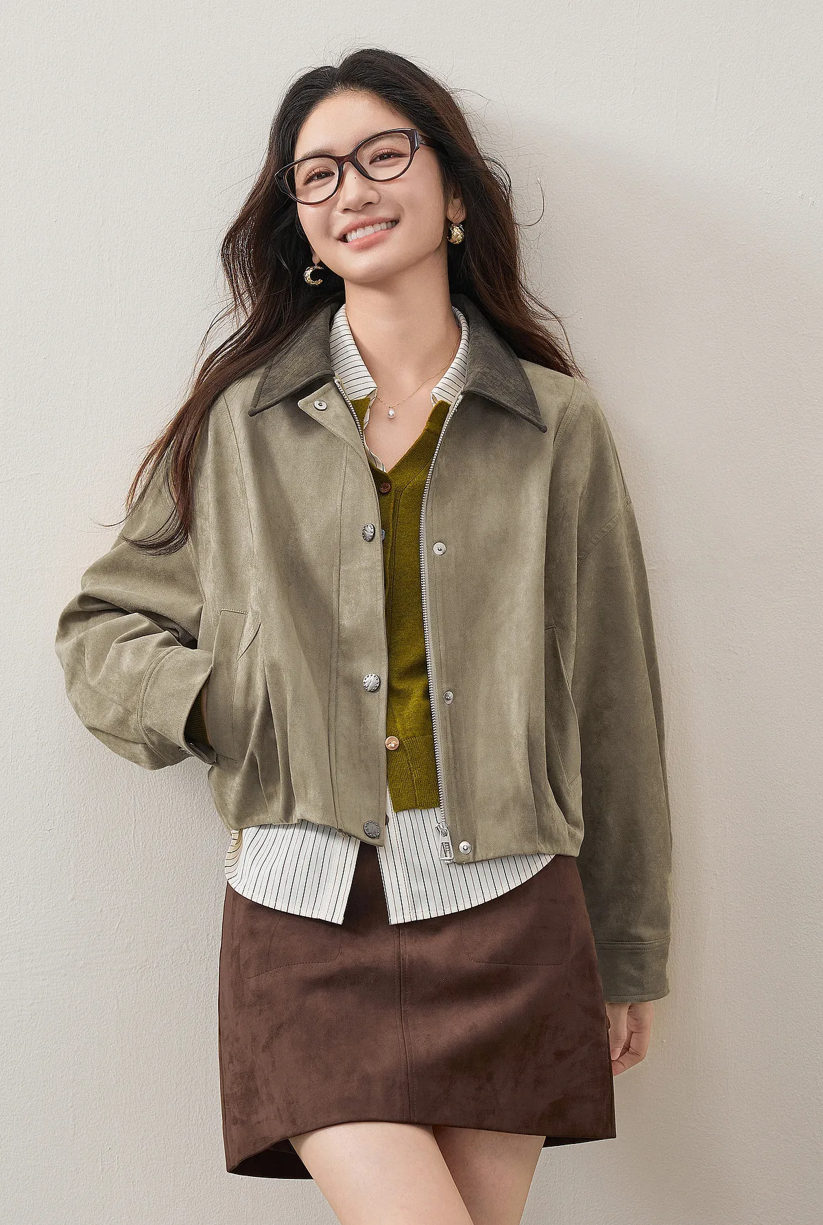 SENTUBILA Women Faux Suede Cropped Jacket Autumn 2026 Vintage Retro Vibe Drop Shoulder Loose Casual Daily Outer Coat W63WB8301