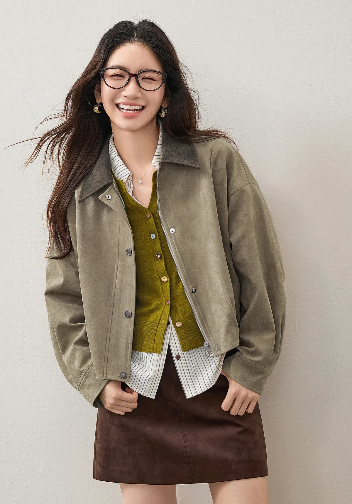 SENTUBILA Women Faux Suede Cropped Jacket Autumn 2026 Vintage Retro Vibe Drop Shoulder Loose Casual Daily Outer Coat W63WB8301