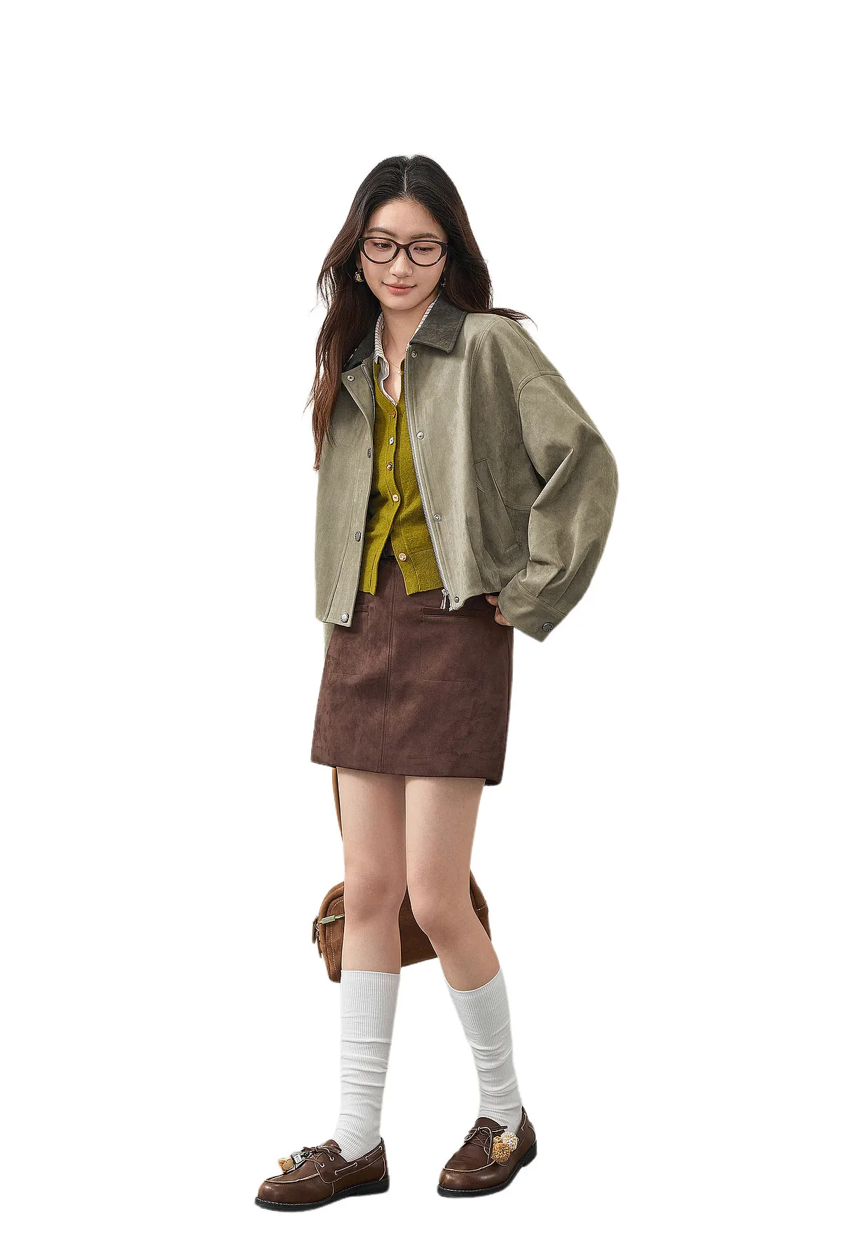 SENTUBILA Women Faux Suede Cropped Jacket Autumn 2026 Vintage Retro Vibe Drop Shoulder Loose Casual Daily Outer Coat W63WB8301