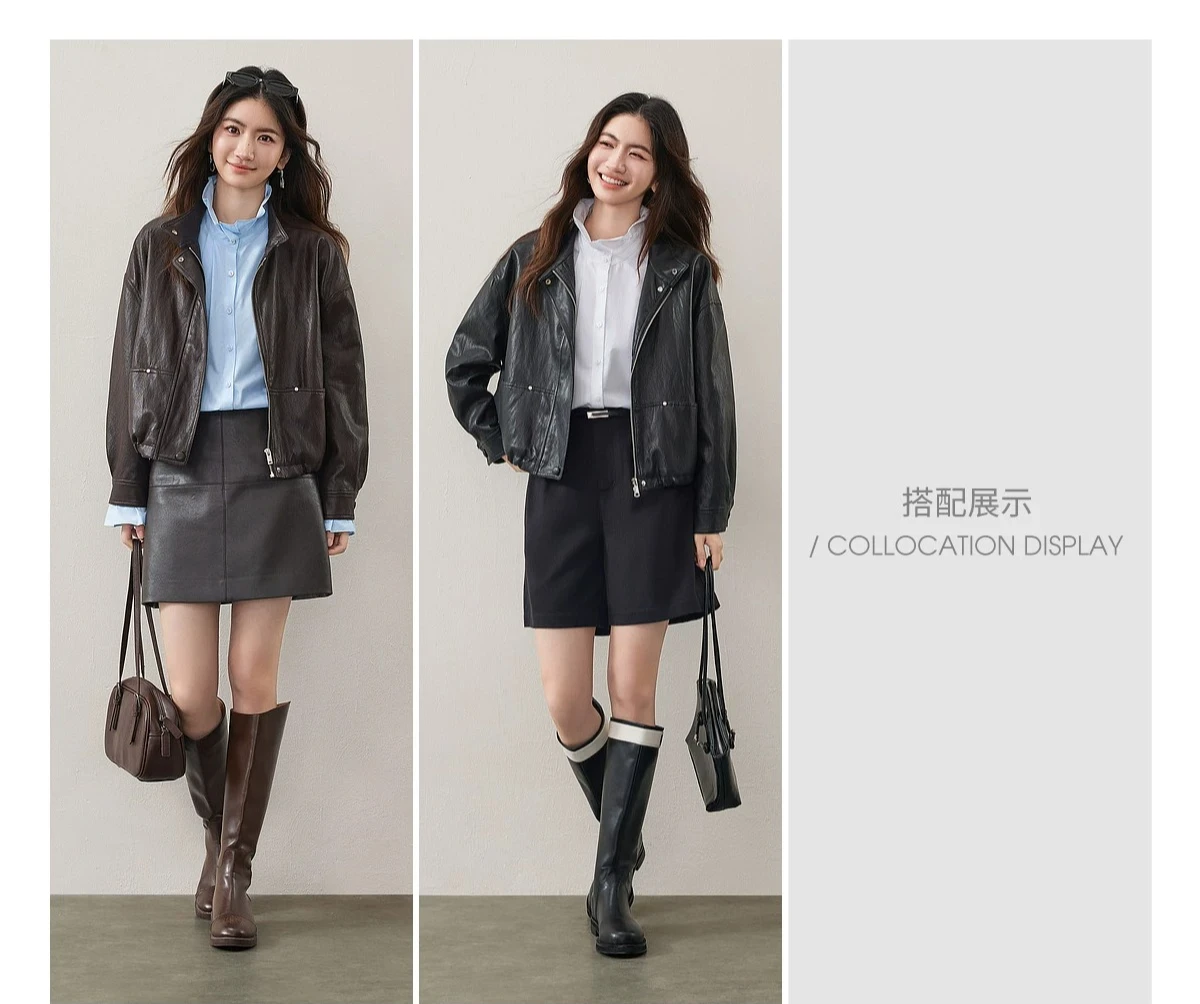 SENTUBILA Women's Retro PU Jacket Motorbike Style Loose Drop Shoulder Cropped Coat 2026 Autumn Trendy Outerwear Ladies W63GA7905