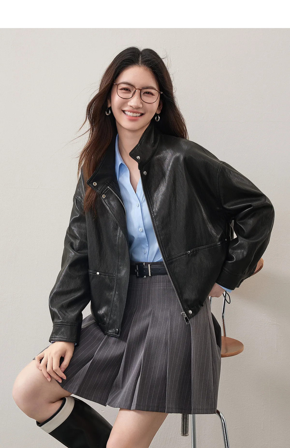 SENTUBILA Women's Retro PU Jacket Motorbike Style Loose Drop Shoulder Cropped Coat 2026 Autumn Trendy Outerwear Ladies W63GA7905