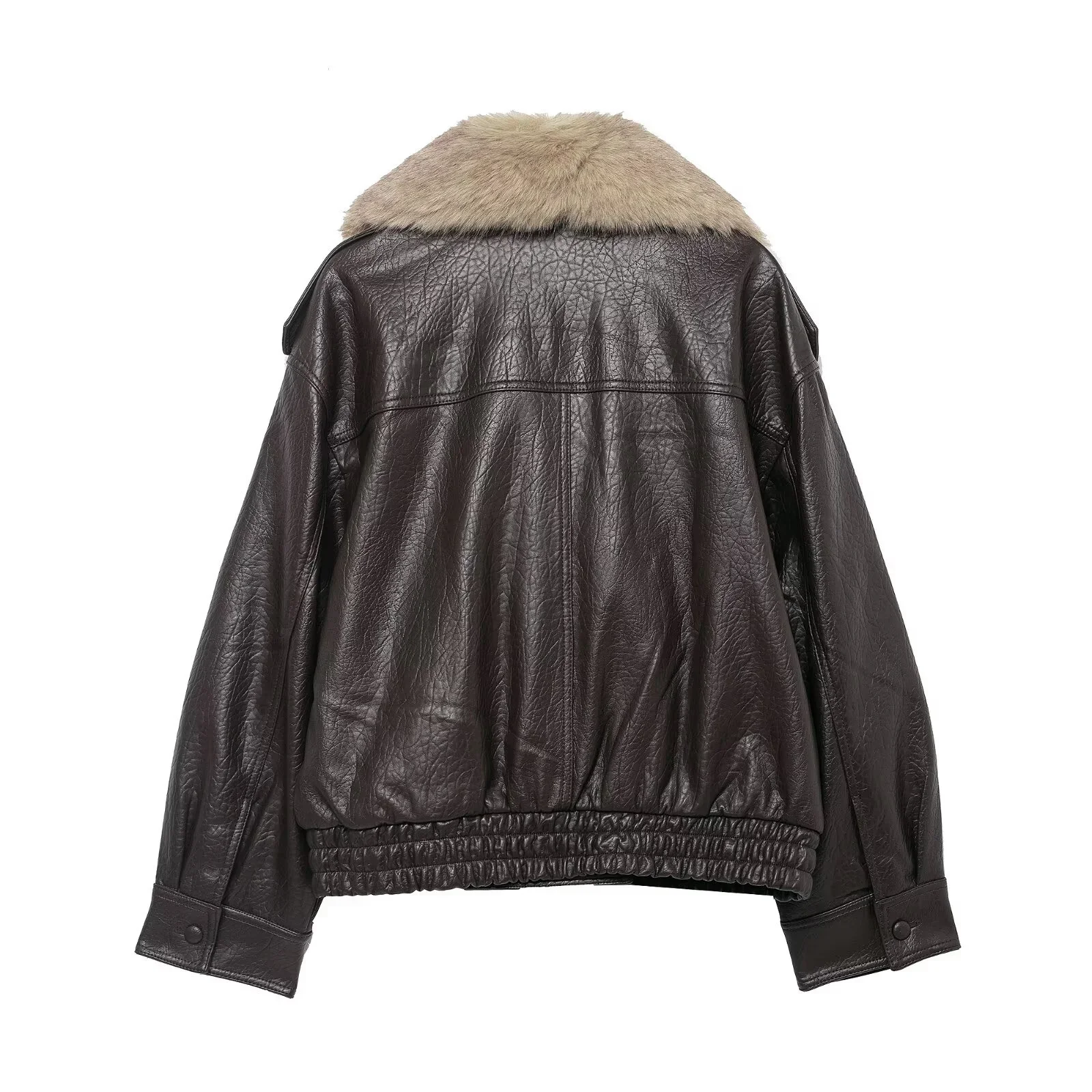 2026 Winter Women Loose Faux Leather Jacket Fashion Removed Big Fur Collar Causal Coat High Street Double Breasted Outwear