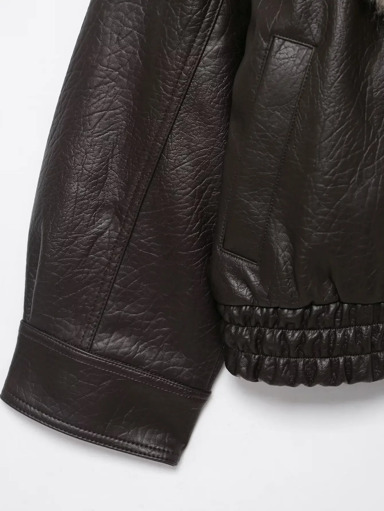 2026 Winter Women Loose Faux Leather Jacket Fashion Removed Big Fur Collar Causal Coat High Street Double Breasted Outwear