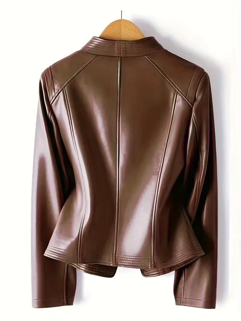 2026 Fashion Spring Autumn Women's PU Leather Jacket Short Coat Zip-up Quilted-lapel Top Belt Slim Jackets Streetwear Outerwear