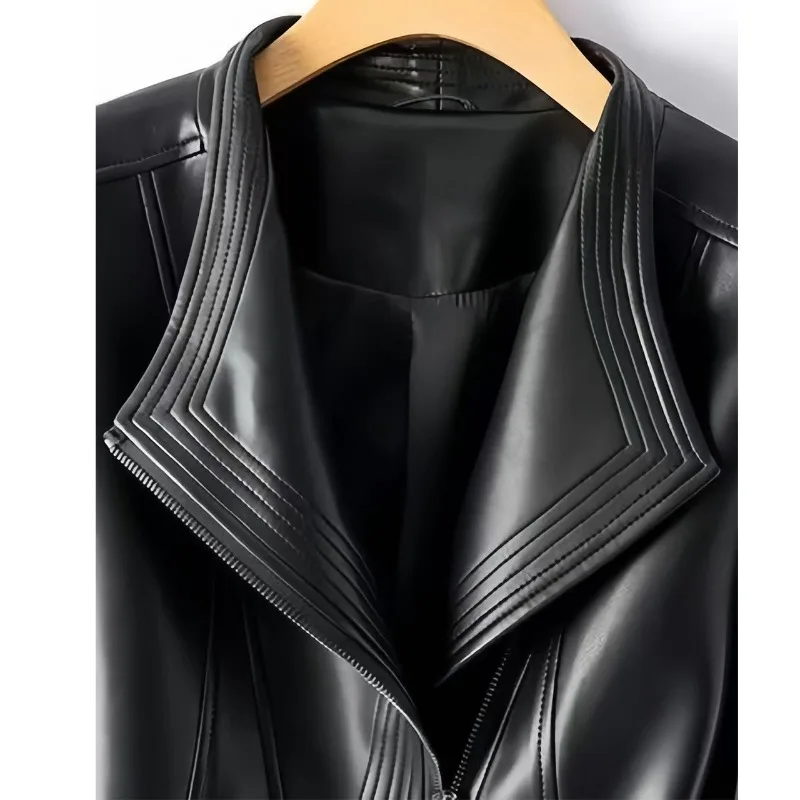 2026 Fashion Spring Autumn Women's PU Leather Jacket Short Coat Zip-up Quilted-lapel Top Belt Slim Jackets Streetwear Outerwear