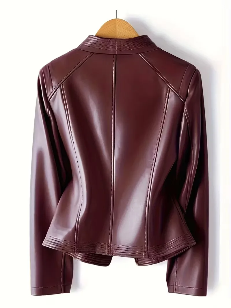 2026 Fashion Spring Autumn Women's PU Leather Jacket Short Coat Zip-up Quilted-lapel Top Belt Slim Jackets Streetwear Outerwear