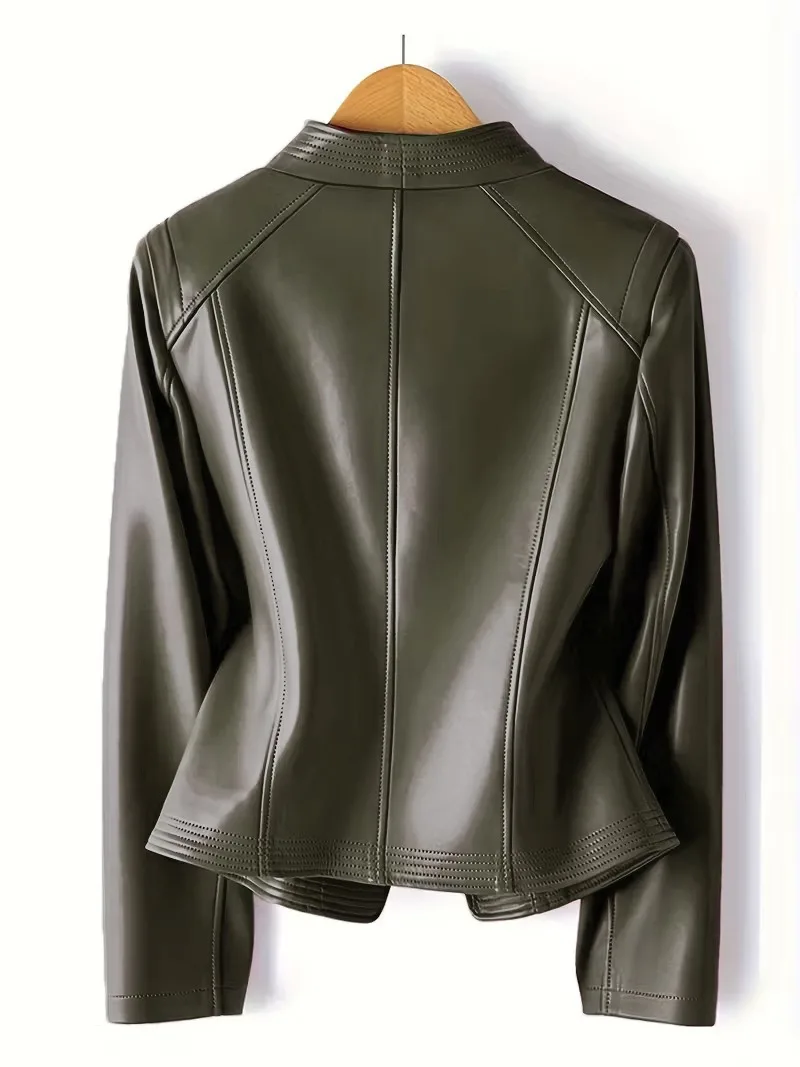 2026 Fashion Spring Autumn Women's PU Leather Jacket Short Coat Zip-up Quilted-lapel Top Belt Slim Jackets Streetwear Outerwear