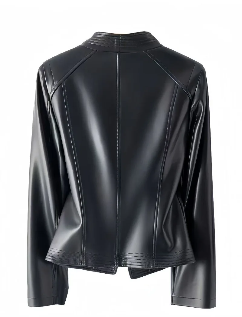 2026 Fashion Spring Autumn Women's PU Leather Jacket Short Coat Zip-up Quilted-lapel Top Belt Slim Jackets Streetwear Outerwear