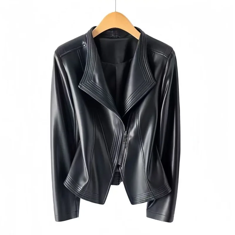 2026 Fashion Spring Autumn Women's PU Leather Jacket Short Coat Zip-up Quilted-lapel Top Belt Slim Jackets Streetwear Outerwear