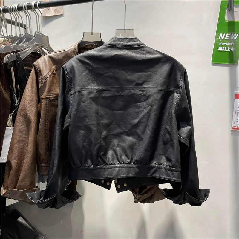 American Femme Large Size 4XL PU Leather Top Jacket Autumn Women Round Neck Loose Coat Winter Lady High End Faux Leather Outwear