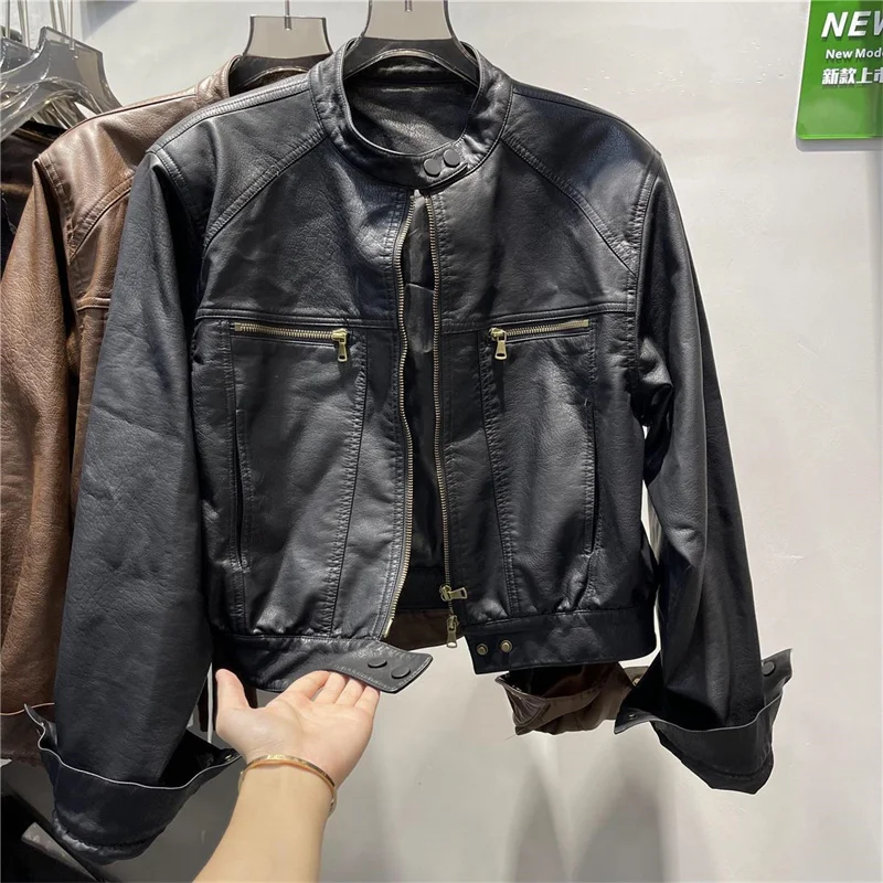 American Femme Large Size 4XL PU Leather Top Jacket Autumn Women Round Neck Loose Coat Winter Lady High End Faux Leather Outwear