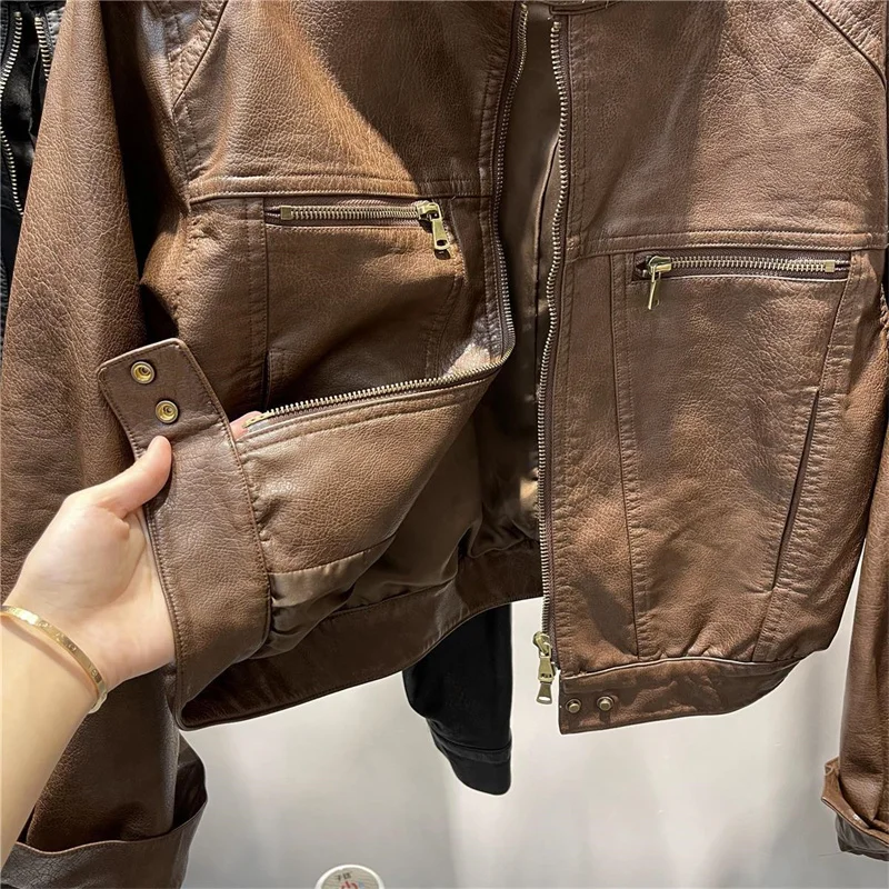 American Femme Large Size 4XL PU Leather Top Jacket Autumn Women Round Neck Loose Coat Winter Lady High End Faux Leather Outwear
