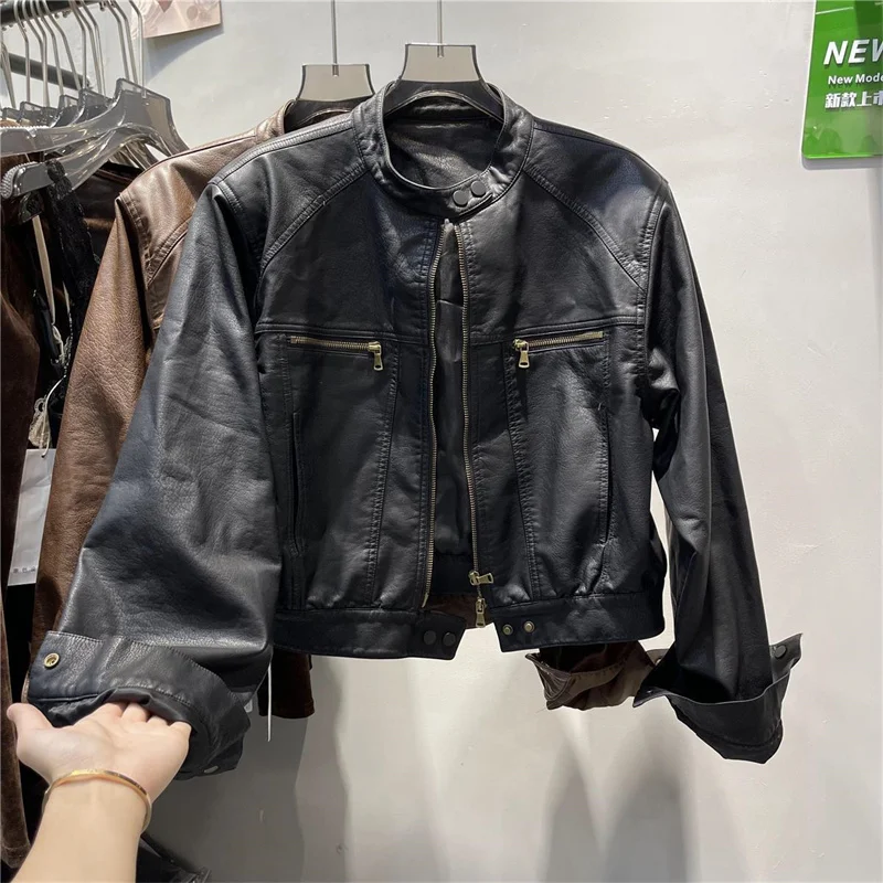 American Femme Large Size 4XL PU Leather Top Jacket Autumn Women Round Neck Loose Coat Winter Lady High End Faux Leather Outwear