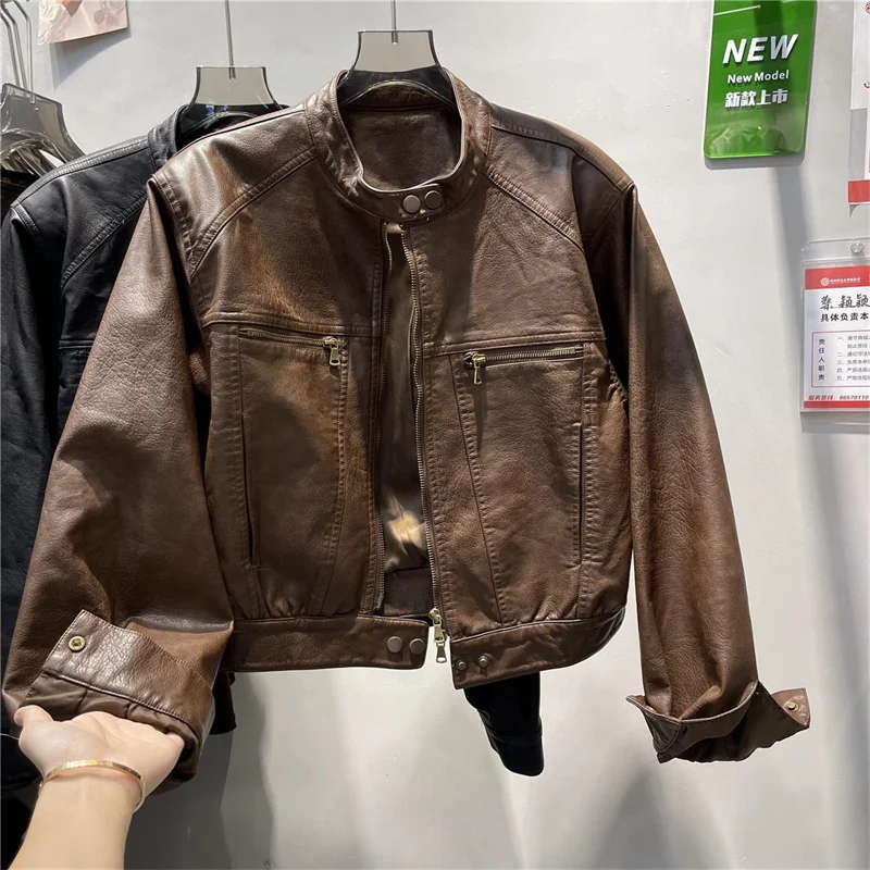 American Femme Large Size 4XL PU Leather Top Jacket Autumn Women Round Neck Loose Coat Winter Lady High End Faux Leather Outwear