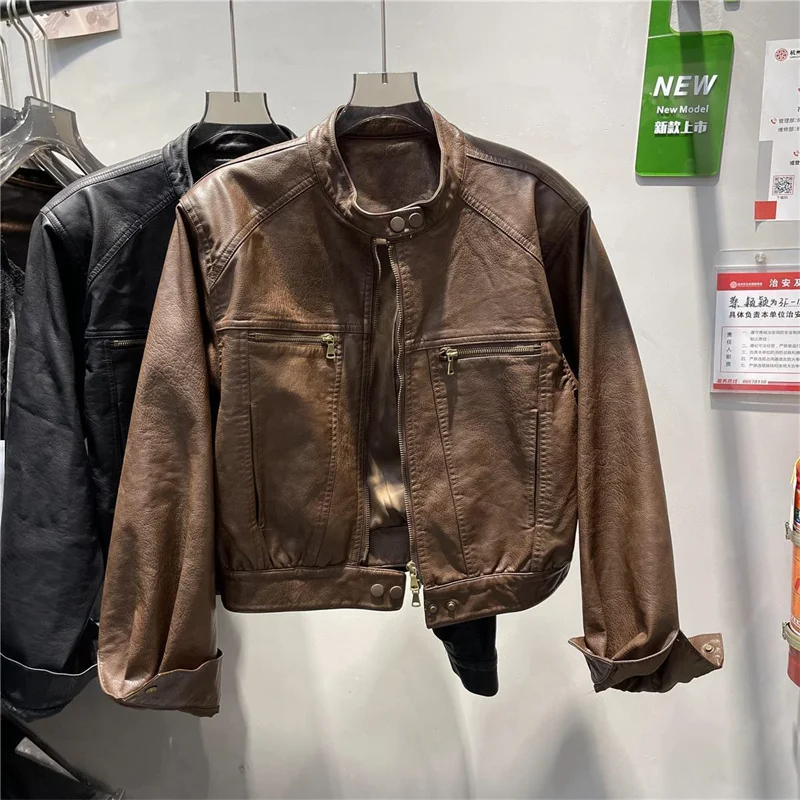 American Femme Large Size 4XL PU Leather Top Jacket Autumn Women Round Neck Loose Coat Winter Lady High End Faux Leather Outwear