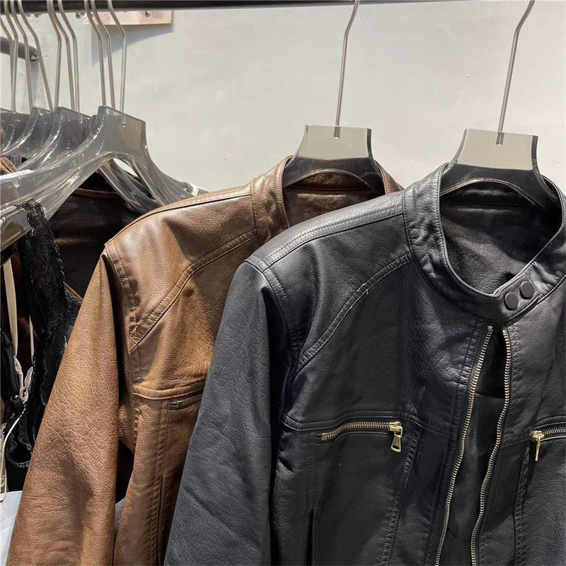American Femme Large Size 4XL PU Leather Top Jacket Autumn Women Round Neck Loose Coat Winter Lady High End Faux Leather Outwear