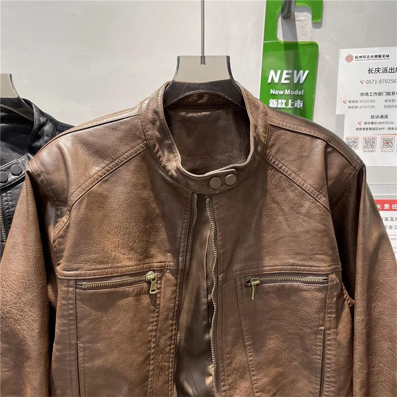 American Femme Large Size 4XL PU Leather Top Jacket Autumn Women Round Neck Loose Coat Winter Lady High End Faux Leather Outwear