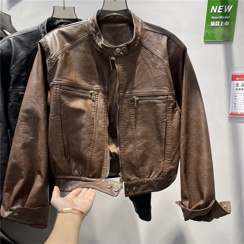 American Femme Large Size 4XL PU Leather Top Jacket Autumn Women Round Neck Loose Coat Winter Lady High End Faux Leather Outwear