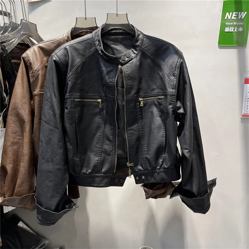 American Femme Large Size 4XL PU Leather Top Jacket Autumn Women Round Neck Loose Coat Winter Lady High End Faux Leather Outwear