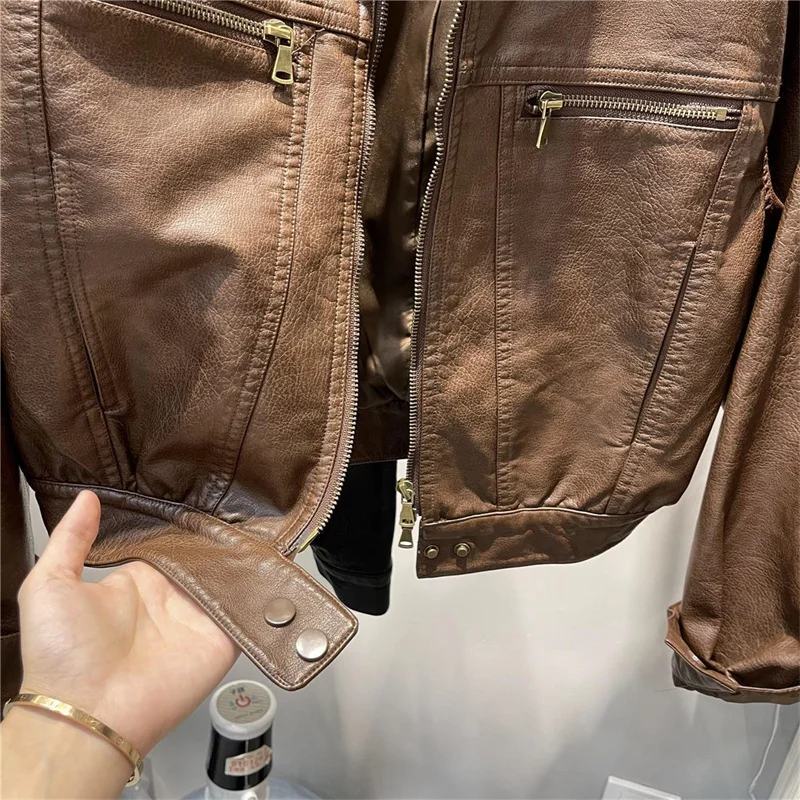 American Femme Large Size 4XL PU Leather Top Jacket Autumn Women Round Neck Loose Coat Winter Lady High End Faux Leather Outwear