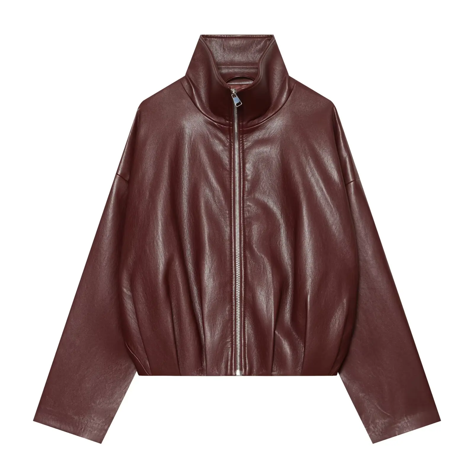 HH Vintage Women’s Cropped Faux Leather Jacket 2026 Spring Autumn Long Sleeve Stand-Collar Zip-Up Biker Style Coat Streetwear