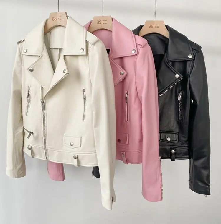 2025 New Womens Faux PU Leather Jacket Casual Lady Lapel Zipper Jacket Female Motorcycle Leather Coats