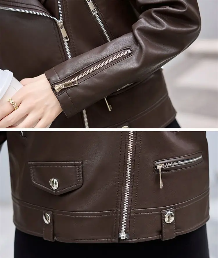 2025 New Womens Faux PU Leather Jacket Casual Lady Lapel Zipper Jacket Female Motorcycle Leather Coats