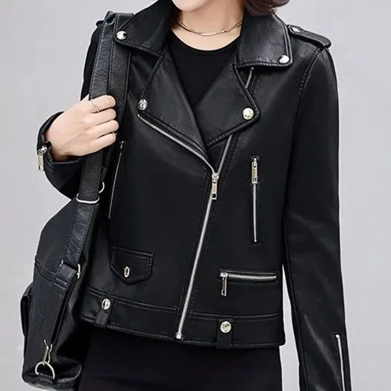 2025 New Womens Faux PU Leather Jacket Casual Lady Lapel Zipper Jacket Female Motorcycle Leather Coats