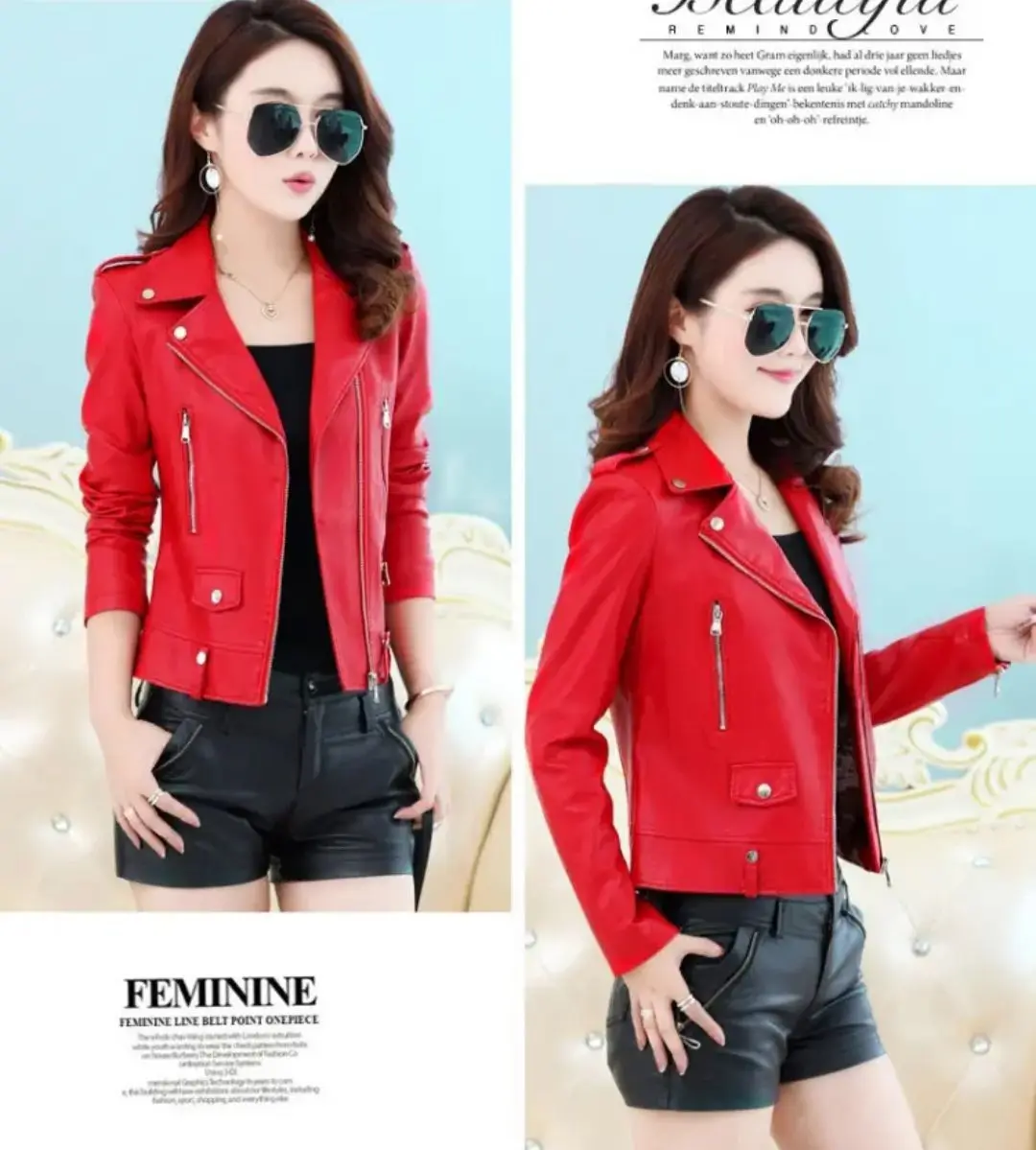 2025 New Womens Faux PU Leather Jacket Casual Lady Lapel Zipper Jacket Female Motorcycle Leather Coats