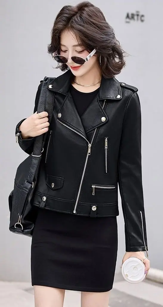 2025 New Womens Faux PU Leather Jacket Casual Lady Lapel Zipper Jacket Female Motorcycle Leather Coats