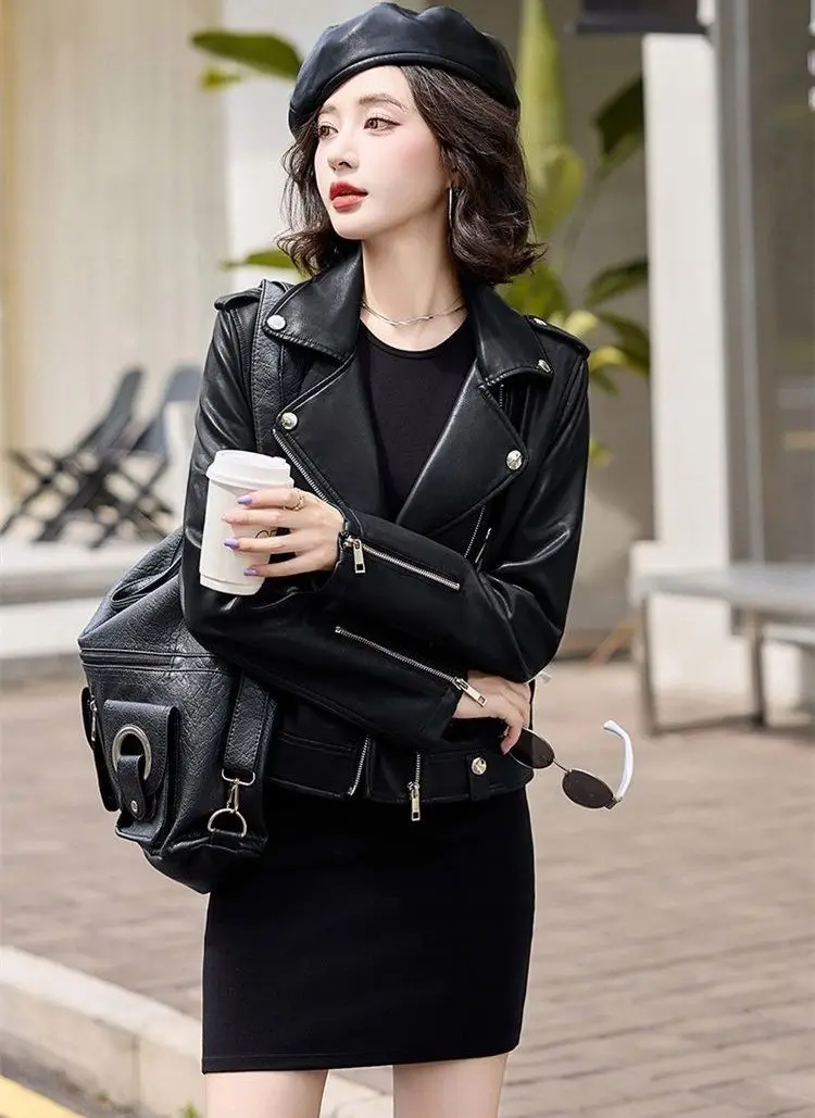 2025 New Womens Faux PU Leather Jacket Casual Lady Lapel Zipper Jacket Female Motorcycle Leather Coats
