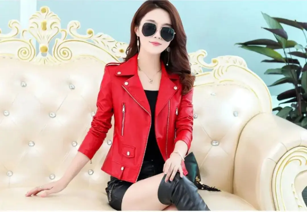 2025 New Womens Faux PU Leather Jacket Casual Lady Lapel Zipper Jacket Female Motorcycle Leather Coats
