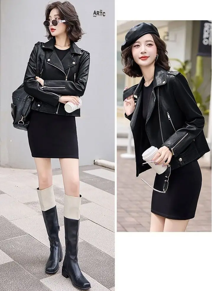 2025 New Womens Faux PU Leather Jacket Casual Lady Lapel Zipper Jacket Female Motorcycle Leather Coats