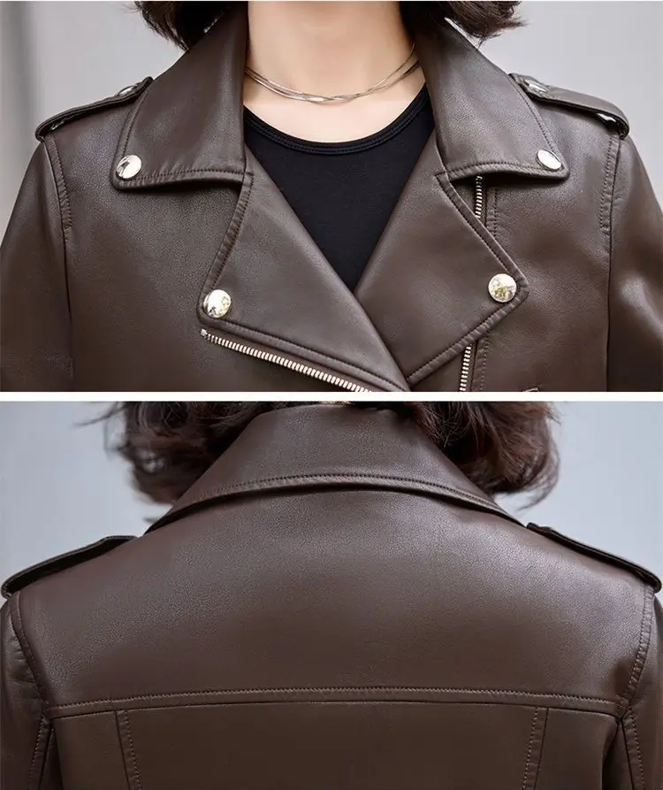 2025 New Womens Faux PU Leather Jacket Casual Lady Lapel Zipper Jacket Female Motorcycle Leather Coats