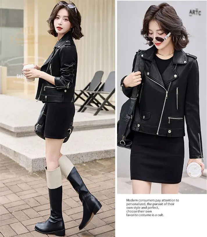 2025 New Womens Faux PU Leather Jacket Casual Lady Lapel Zipper Jacket Female Motorcycle Leather Coats