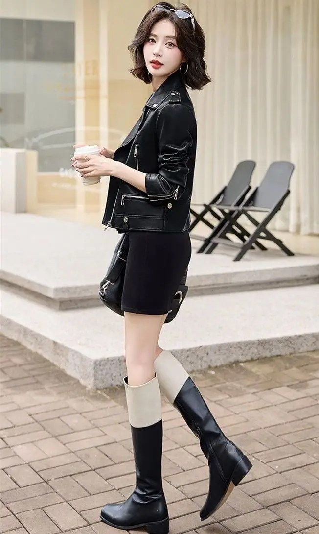 2025 New Womens Faux PU Leather Jacket Casual Lady Lapel Zipper Jacket Female Motorcycle Leather Coats