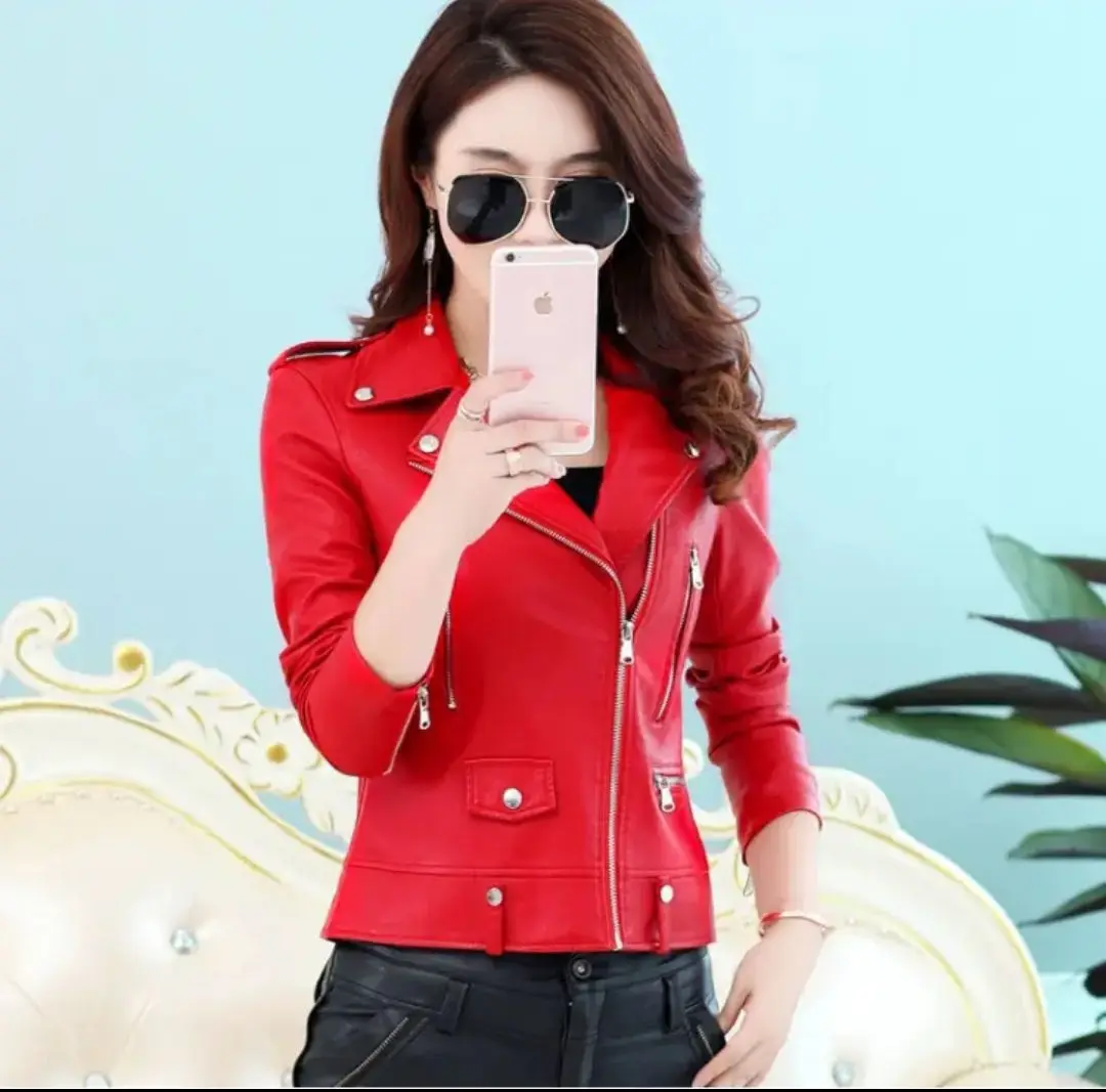 2025 New Womens Faux PU Leather Jacket Casual Lady Lapel Zipper Jacket Female Motorcycle Leather Coats