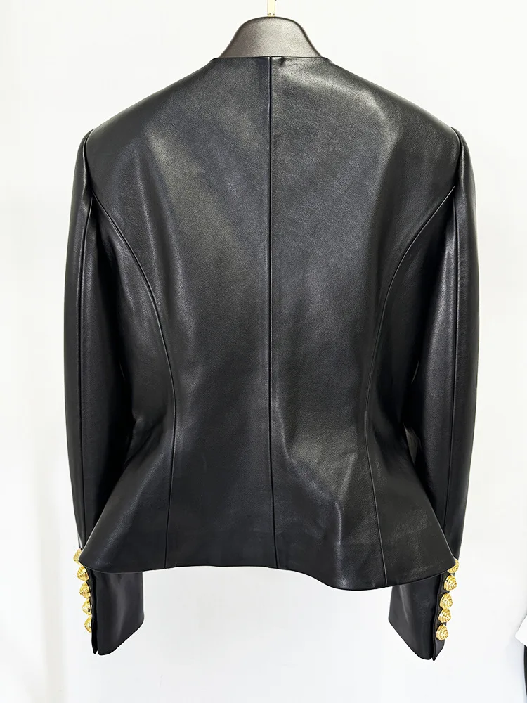 Fashion designer's new socialite women's snail button slim fit leather jacket windproof jacket motorcycle waterproof jacket