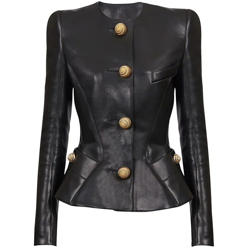 Fashion designer's new socialite women's snail button slim fit leather jacket windproof jacket motorcycle waterproof jacket