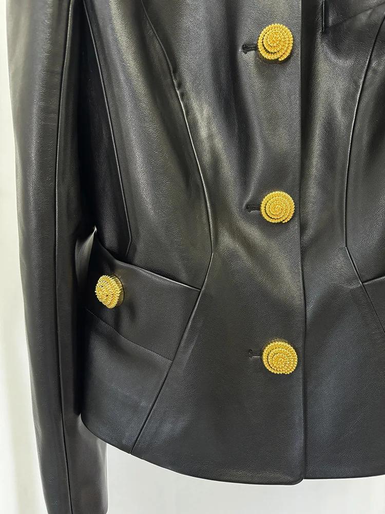 Fashion designer's new socialite women's snail button slim fit leather jacket windproof jacket motorcycle waterproof jacket