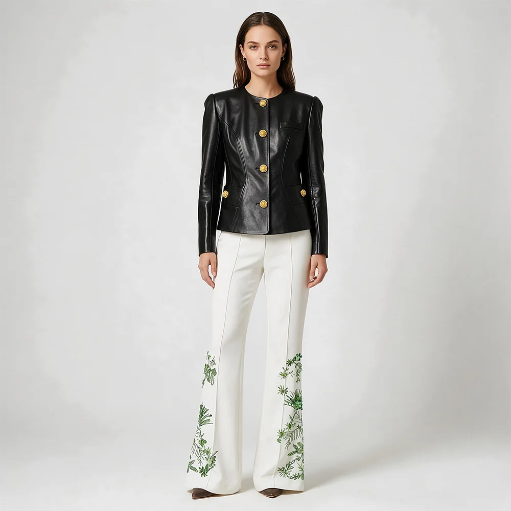 Fashion designer's new socialite women's snail button slim fit leather jacket windproof jacket motorcycle waterproof jacket
