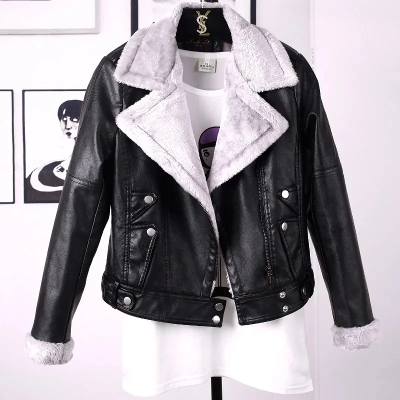 Short Women's Leather Jacket New Autumn/Winter Plus Velvet Thickened Western Style PU 2025 Suit Collar Coat