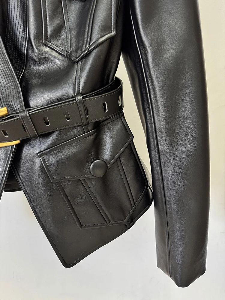 HIGH STREET Newest 2026 Designer Jacket Women's Belt Slim Fitting Leather Button Pocket Decoration Artificial Leather Blazer