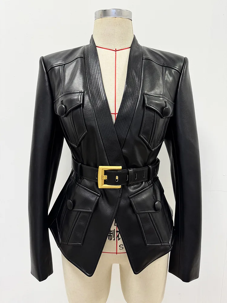 HIGH STREET Newest 2026 Designer Jacket Women's Belt Slim Fitting Leather Button Pocket Decoration Artificial Leather Blazer