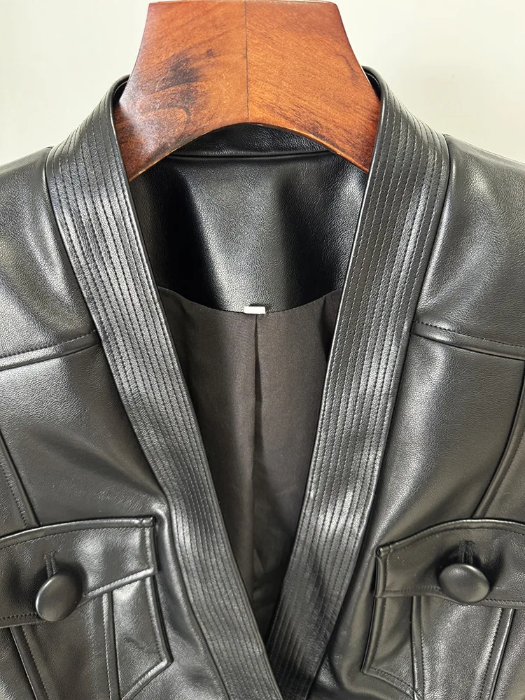 HIGH STREET Newest 2026 Designer Jacket Women's Belt Slim Fitting Leather Button Pocket Decoration Artificial Leather Blazer