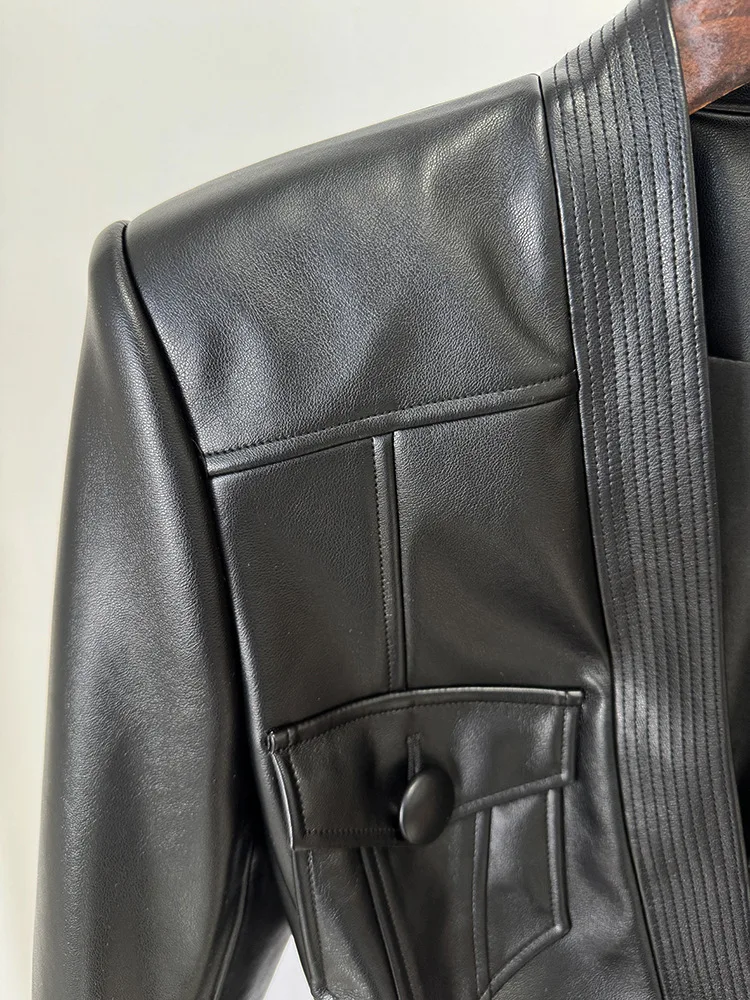 HIGH STREET Newest 2026 Designer Jacket Women's Belt Slim Fitting Leather Button Pocket Decoration Artificial Leather Blazer