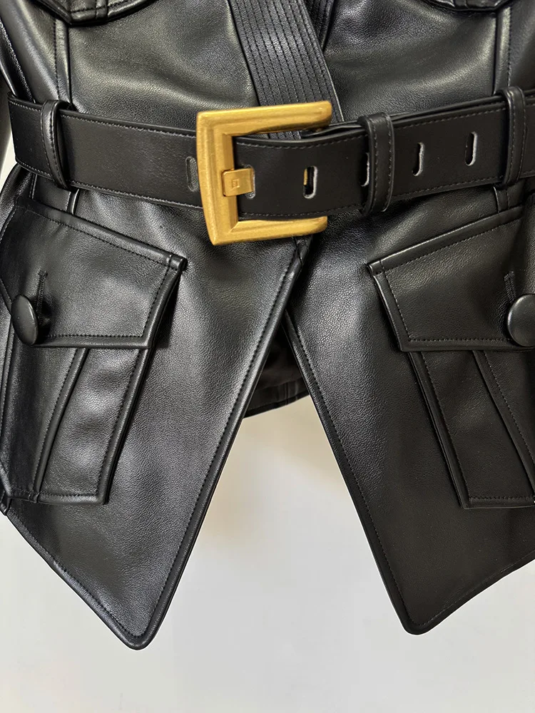 HIGH STREET Newest 2026 Designer Jacket Women's Belt Slim Fitting Leather Button Pocket Decoration Artificial Leather Blazer