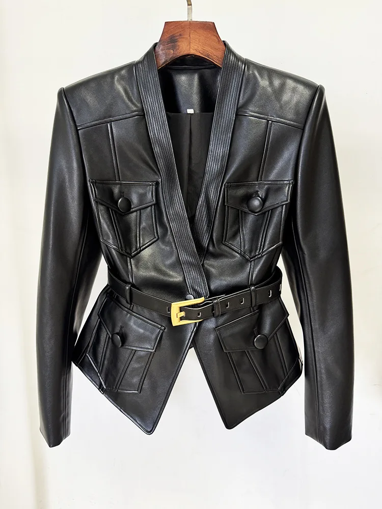 HIGH STREET Newest 2026 Designer Jacket Women's Belt Slim Fitting Leather Button Pocket Decoration Artificial Leather Blazer