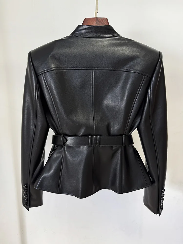 HIGH STREET Newest 2026 Designer Jacket Women's Belt Slim Fitting Leather Button Pocket Decoration Artificial Leather Blazer
